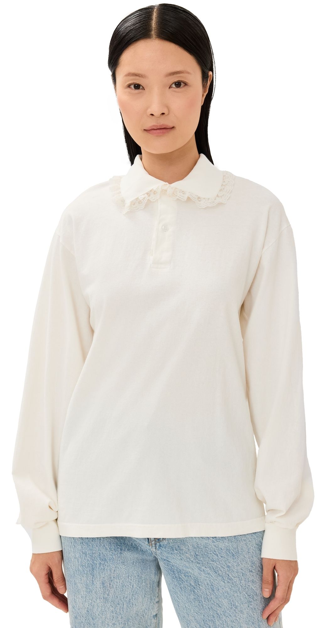 Tanner Fletcher Cletus Lace Trim Long Sleeve Polo Ivory L