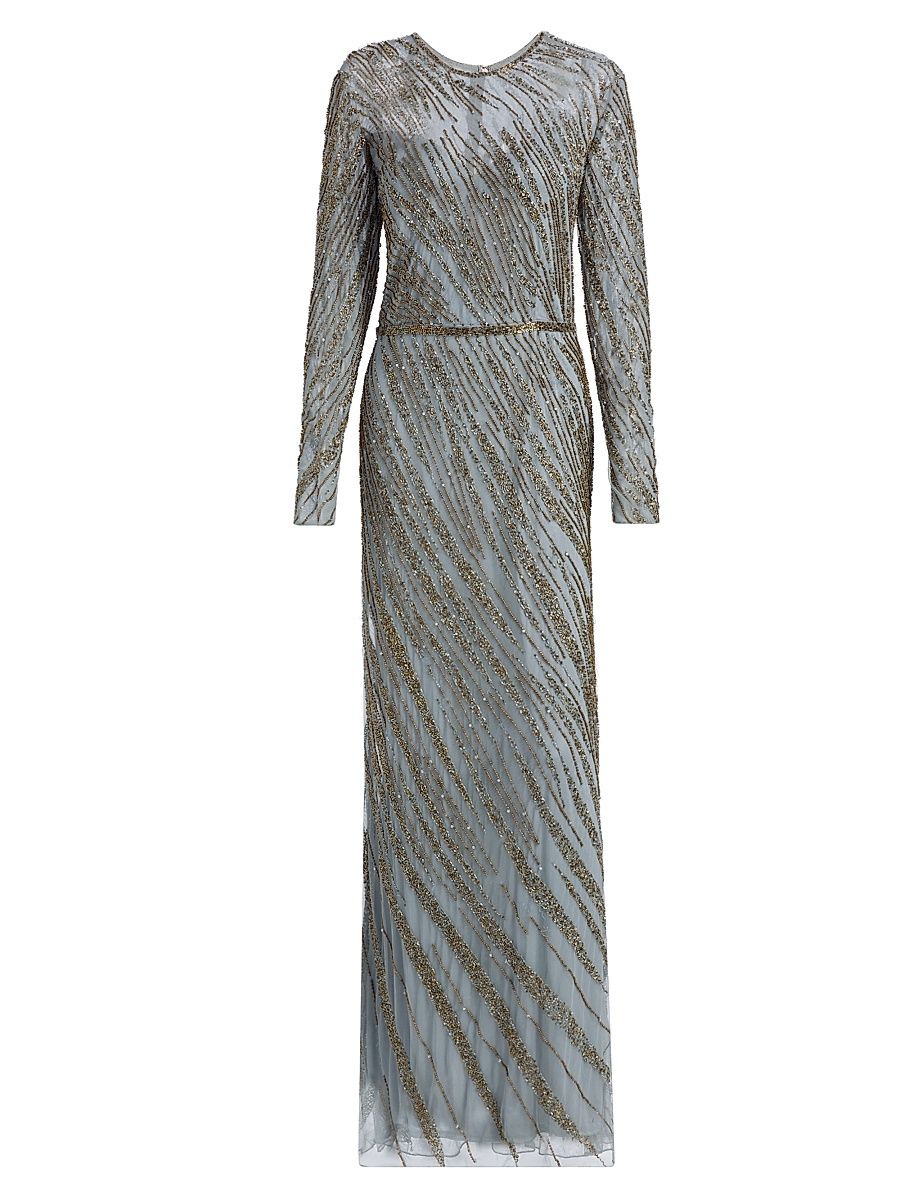 Women's Beaded Streak Tulle Column Gown - Platinum - Size 14