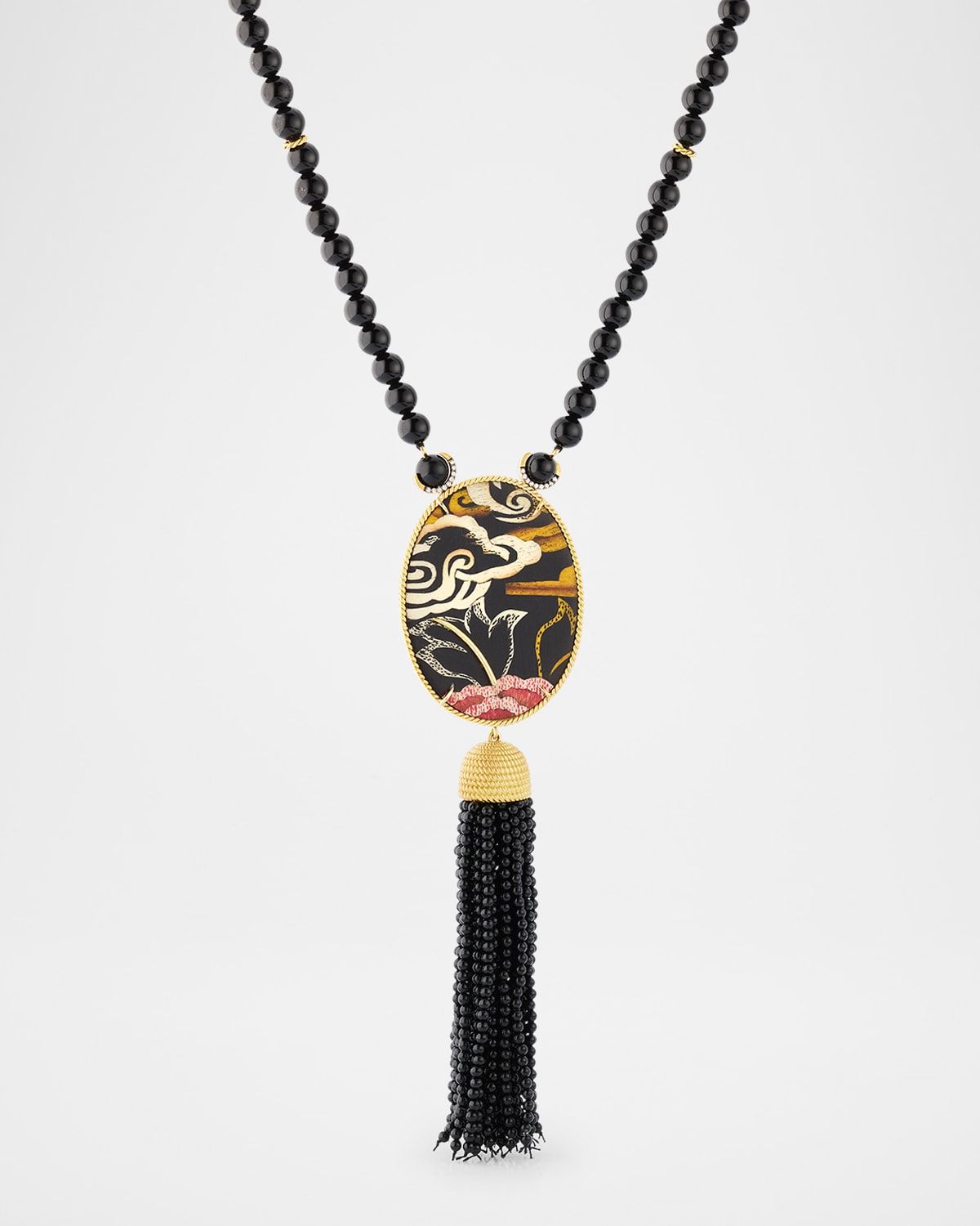 Tibetan Rose Oval Marquetry Lariat Necklace with Diamonds and Onyx