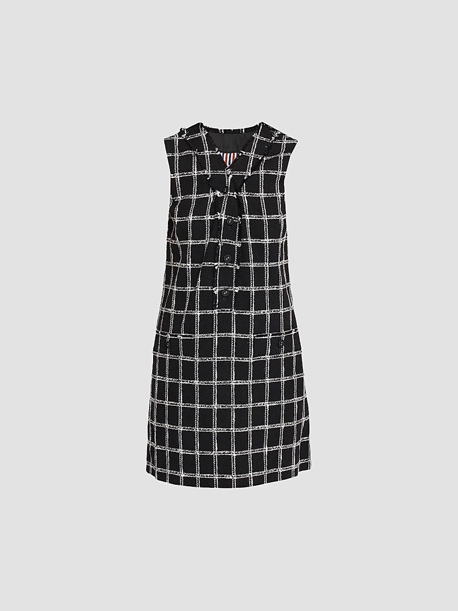 Thom Browne Women's Windowpane Tweed Cardi Mini Dress - Black - Size 8