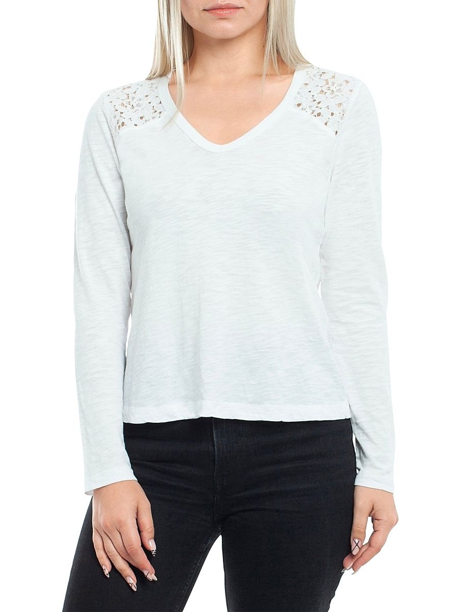 Women's V-Neck Long Sleeve Mixed Media T-Shirt - White - Size Large