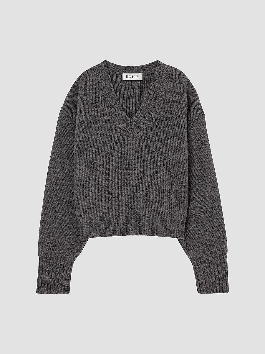 Women's Compact-Knit Wool V-Neck Sweater - Mid Grey Melange - Size 10