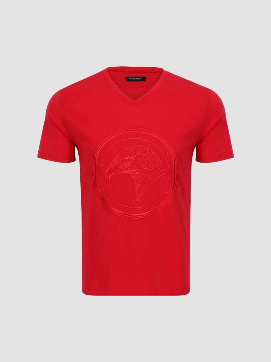 Stefano Ricci Men's Studded Embroidered Eagle V-Neck T-Shirt - Spy Red - Size Medium