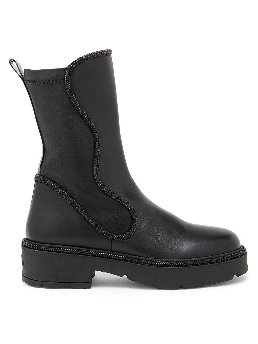 Women's Crystal Decorated Combat Boots - Black Calf Jet Hematite - Size 8.5