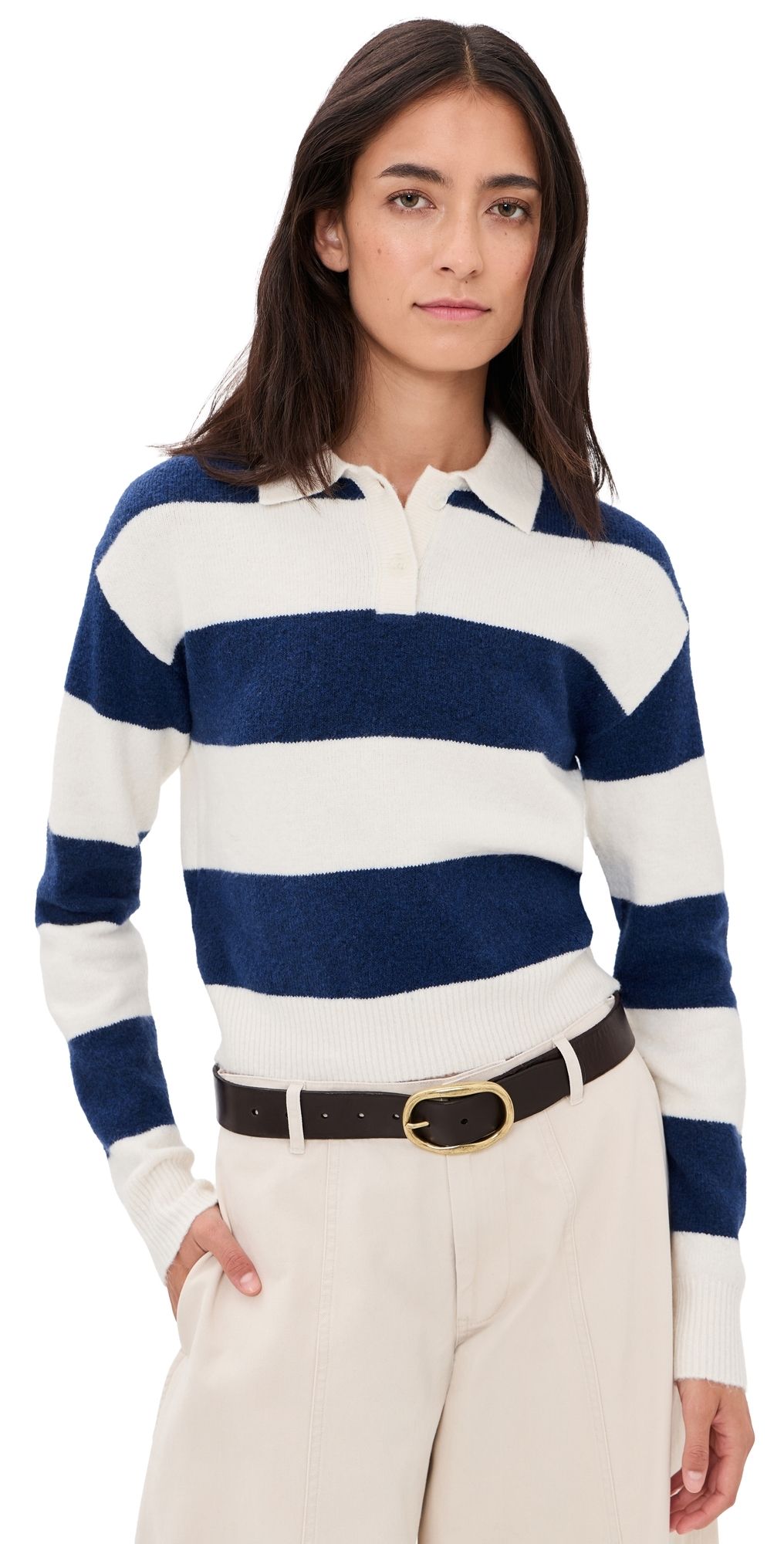 Denimist Cropped Rugby Sweater Royal Blue Ecru Stripe M