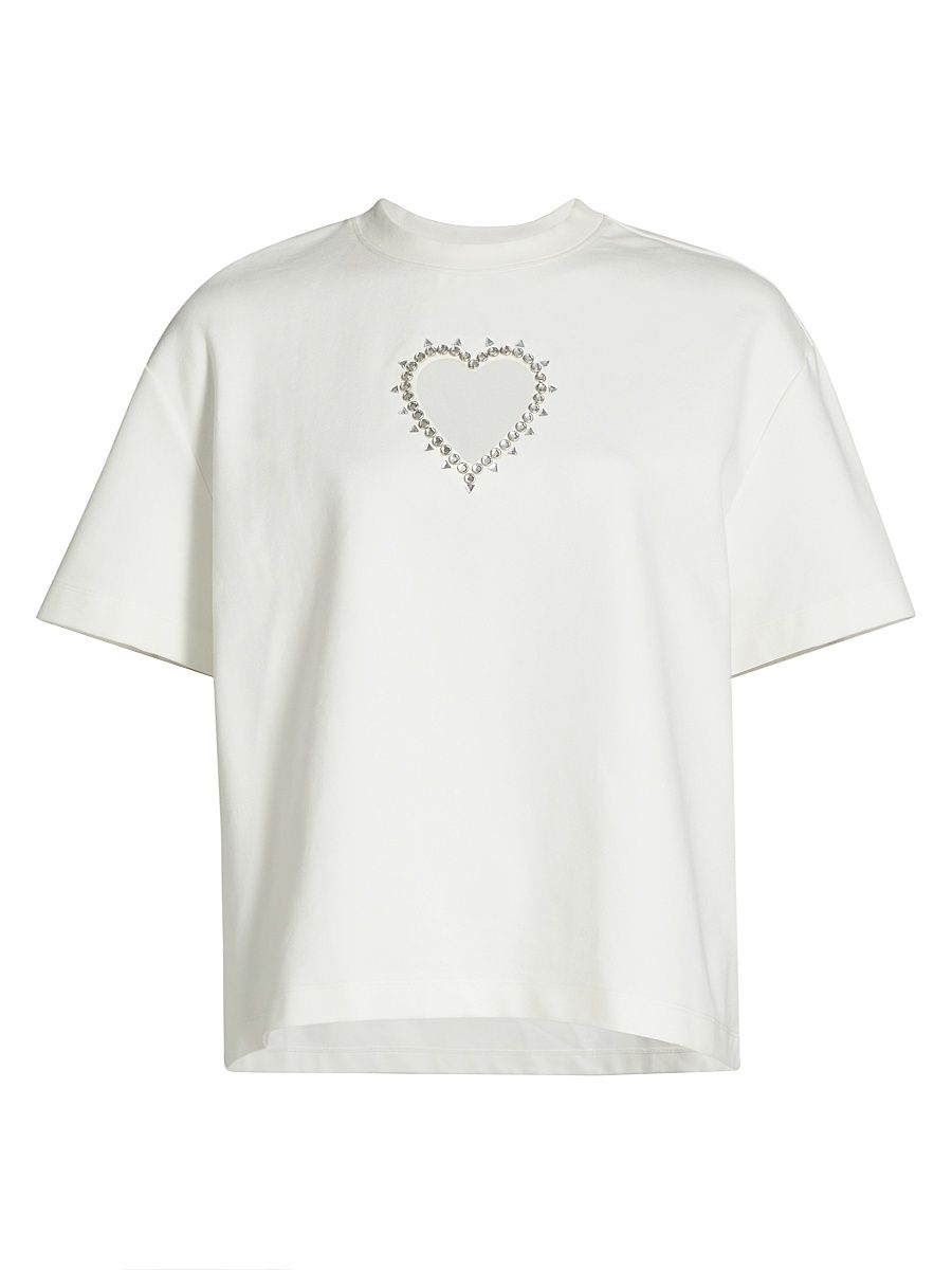 Women's Crystal Heart Cut-Out T-Shirt - Off White - Size Large