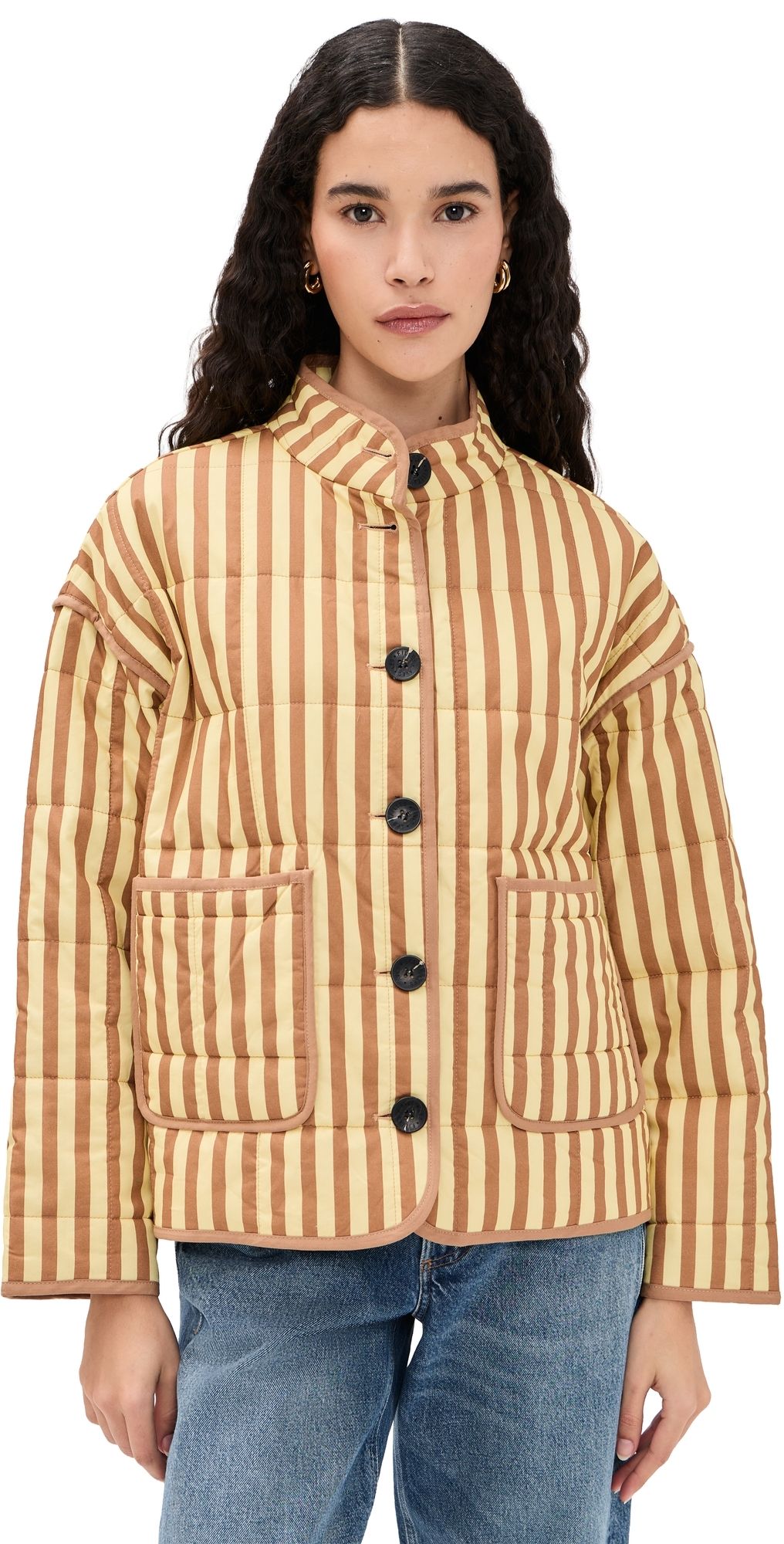 Avec Les Filles Box Quilted Jacket with Patch Pockets Butter/Natural Stripe M