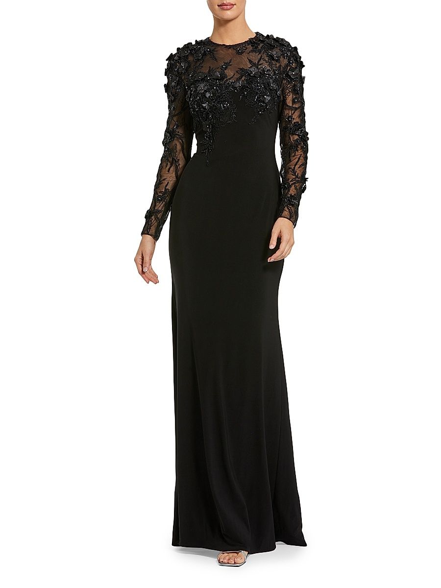 Women's Floral Embellished Long-Sleeve Column Gown - Black - Size 16