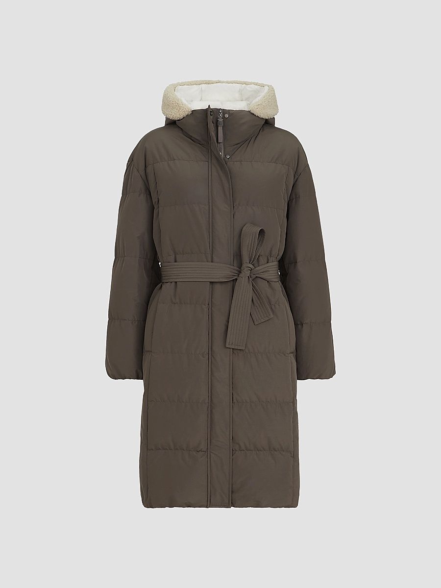 Women's Techno Cotton Taffeta Down Coat with Shearling Inserts - Brown - Size 8