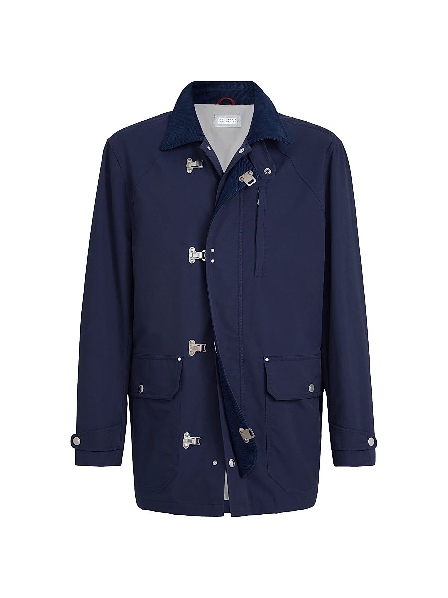 Men's Water Resistant Techno Cotton Gabardine Outerwear Jacket with Hook Fastening - Blue - Size 46