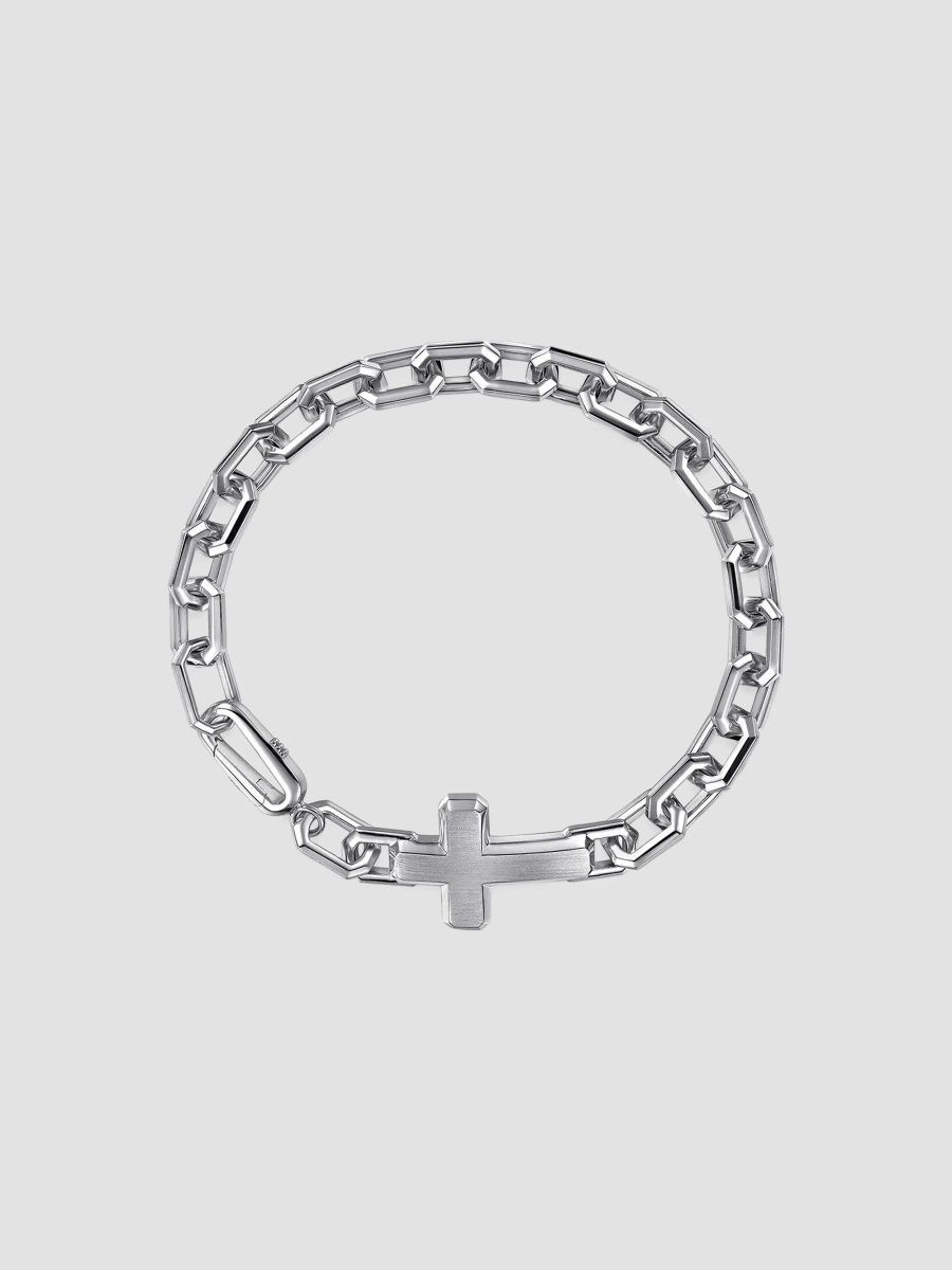 Gabriel & Co Men's Contemporary Sterling Silver Faceted Link Cross Chain Bracelet - Silver - Size 7.5