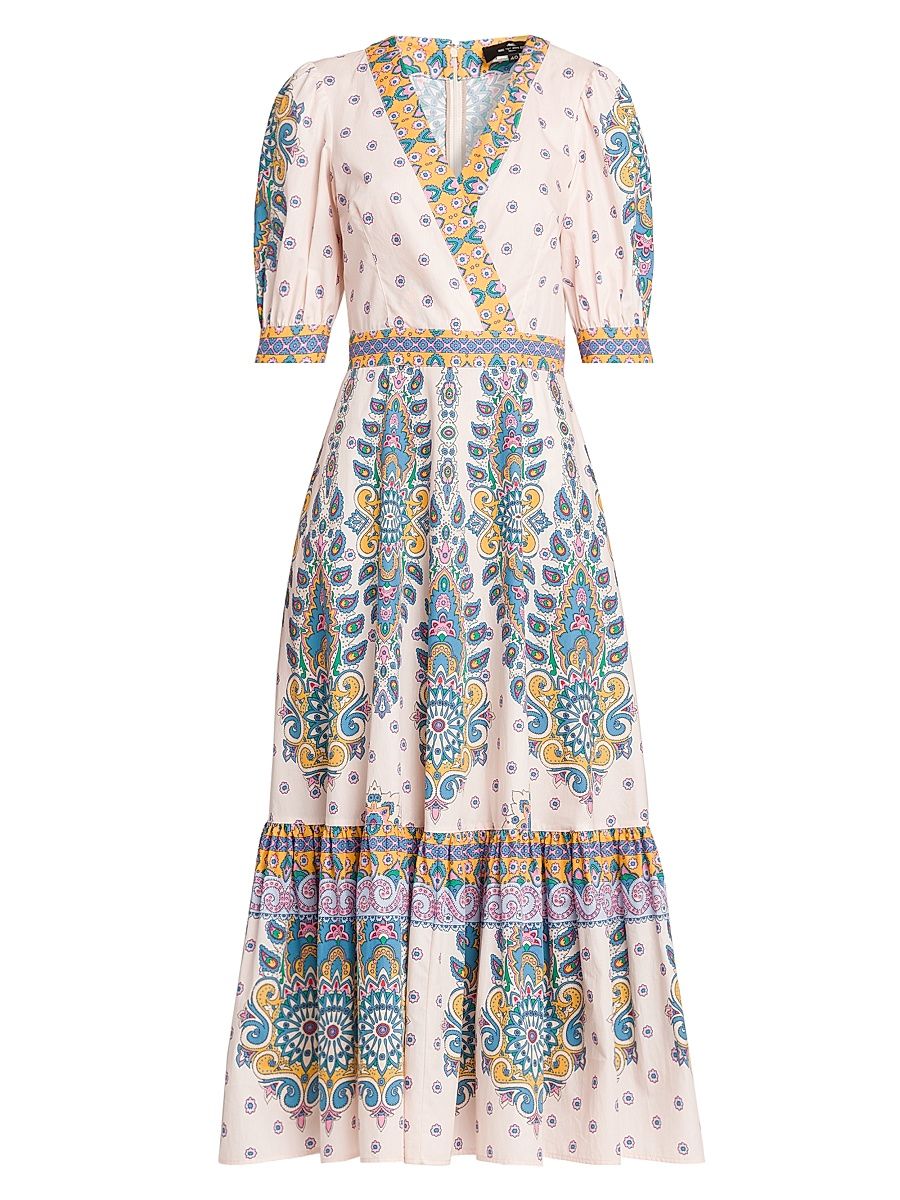 Women's Medallion Cotton V-Neck Midi-Dress - Stamp Afdo Bianco - Size 6