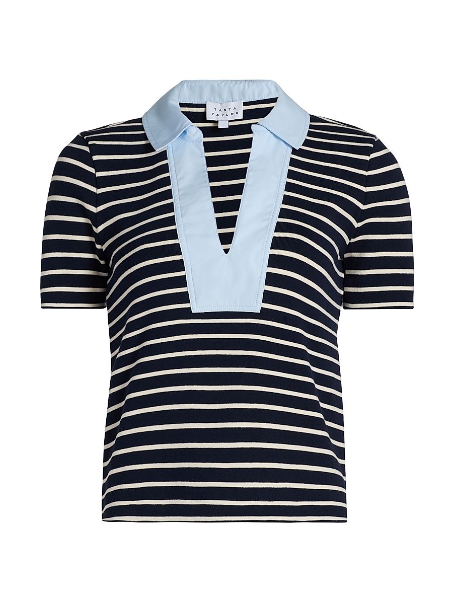 Women's Melanie Striped Stretch Cotton Top - Maritime Blue Cream Stripe - Size Large