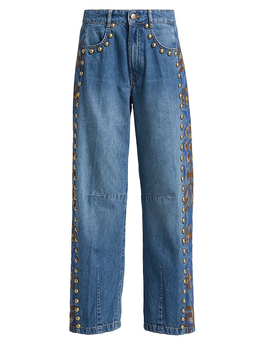 Women's Embellished Stud High-Rise Straight-Leg Jeans - Denim - Size 31
