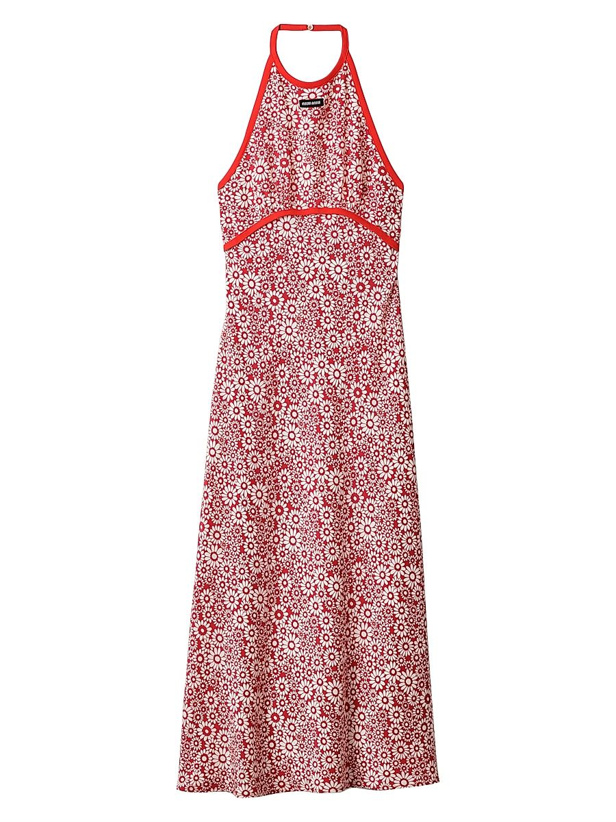 Women's Long Floral Print Crepe De Chine Dress - Red - Size 2