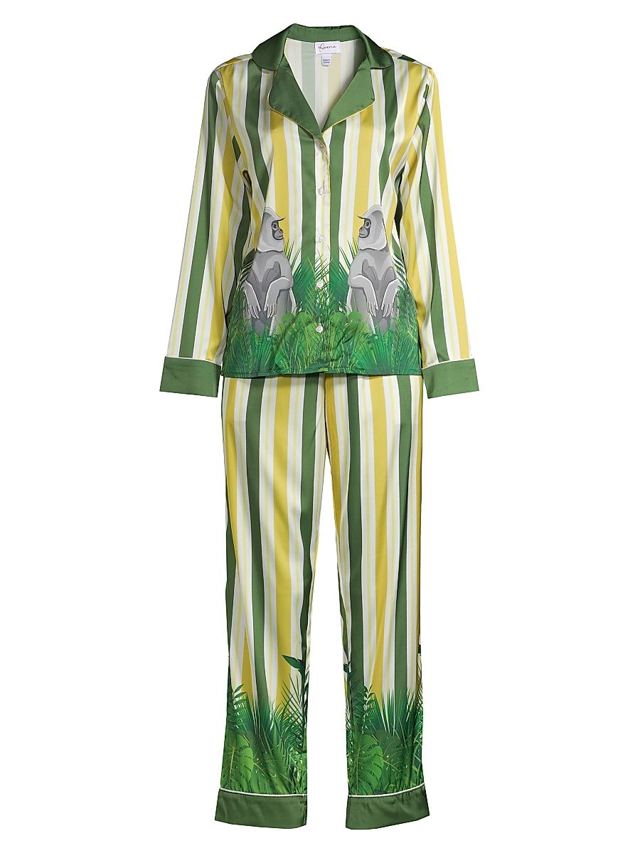 Women's Two-Piece Stripes & Jungle Print Pajama Set - Olive Gold - Size XL