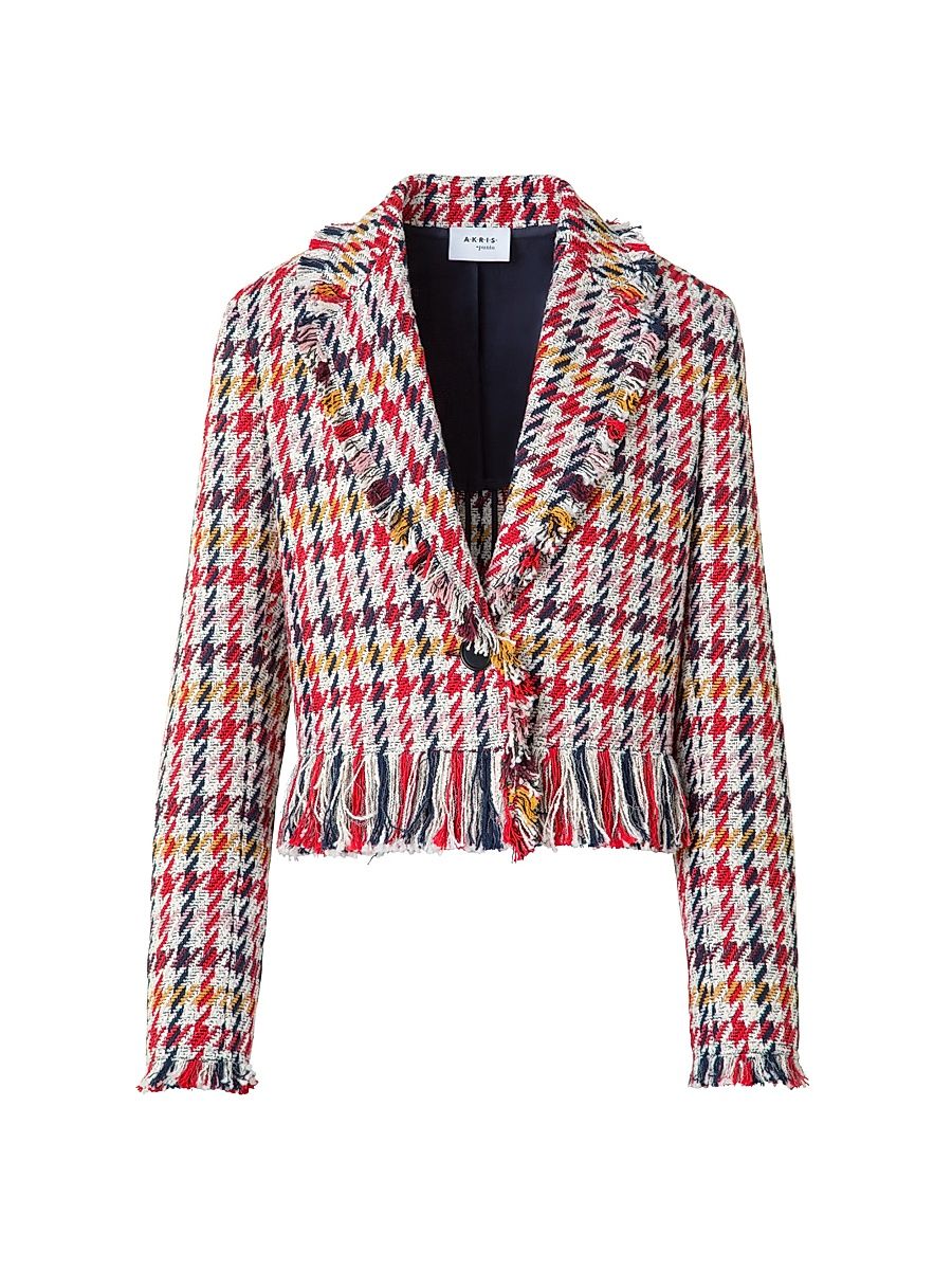 Women's Houndstooth Tweed Fringe-Trim Blazer - Cream Multicolor - Size 12
