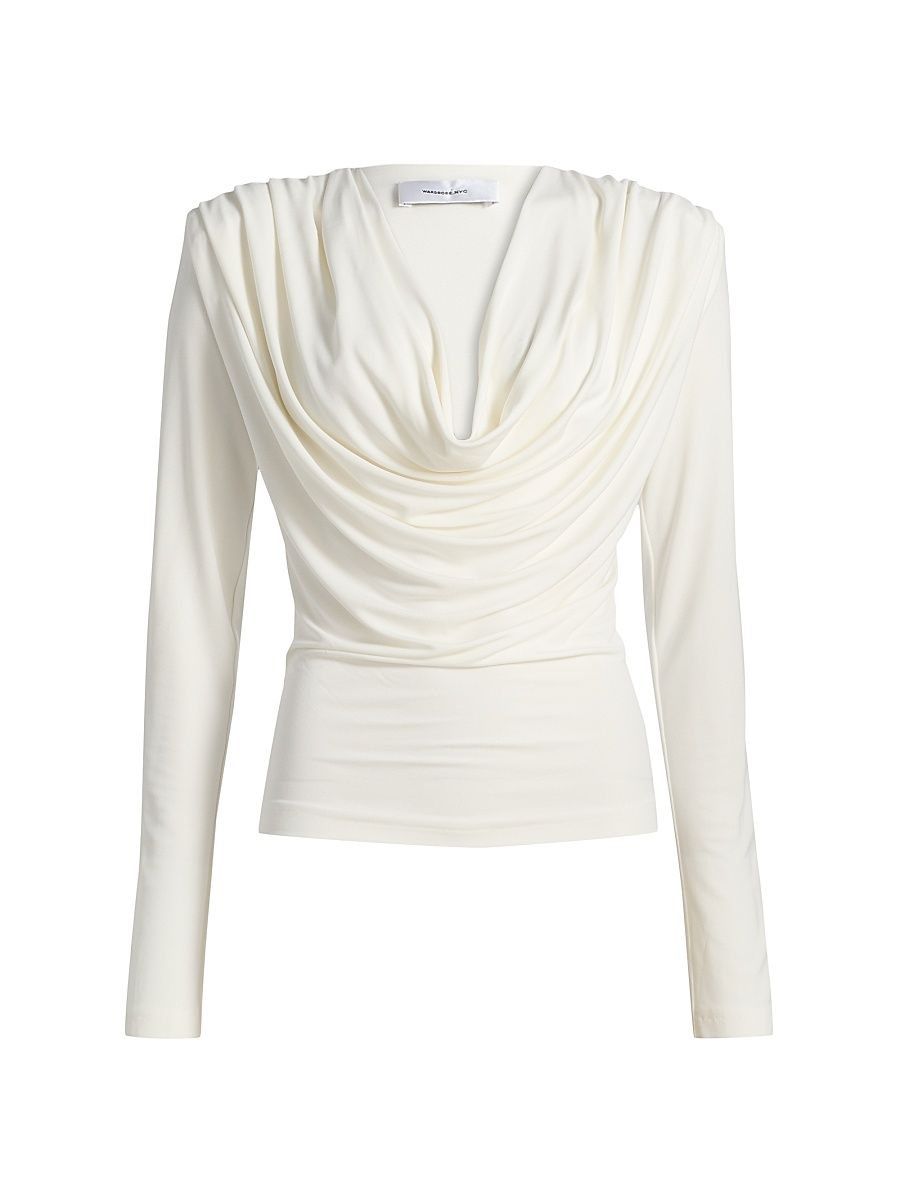Women's Evening Cowlneck Long-Sleeve Top - White - Size Small