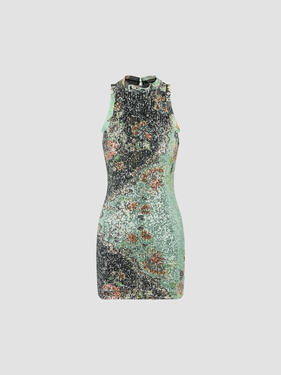 Roberto Cavalli Women's Sequined Floral Colorblocked Mini Dress - Green Black - Size 4