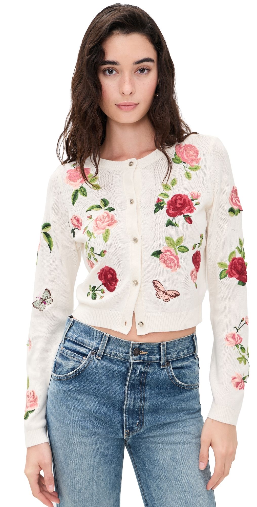 ALICE + OLIVIA Dollie Embroidered Cardigan GARDEN GOSSIP OFF WHITE L