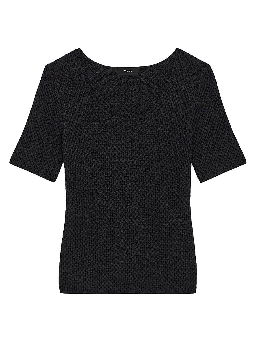 Women's Waffle-Knit Stretch-Cotton Scoopneck Top - Black - Size Small