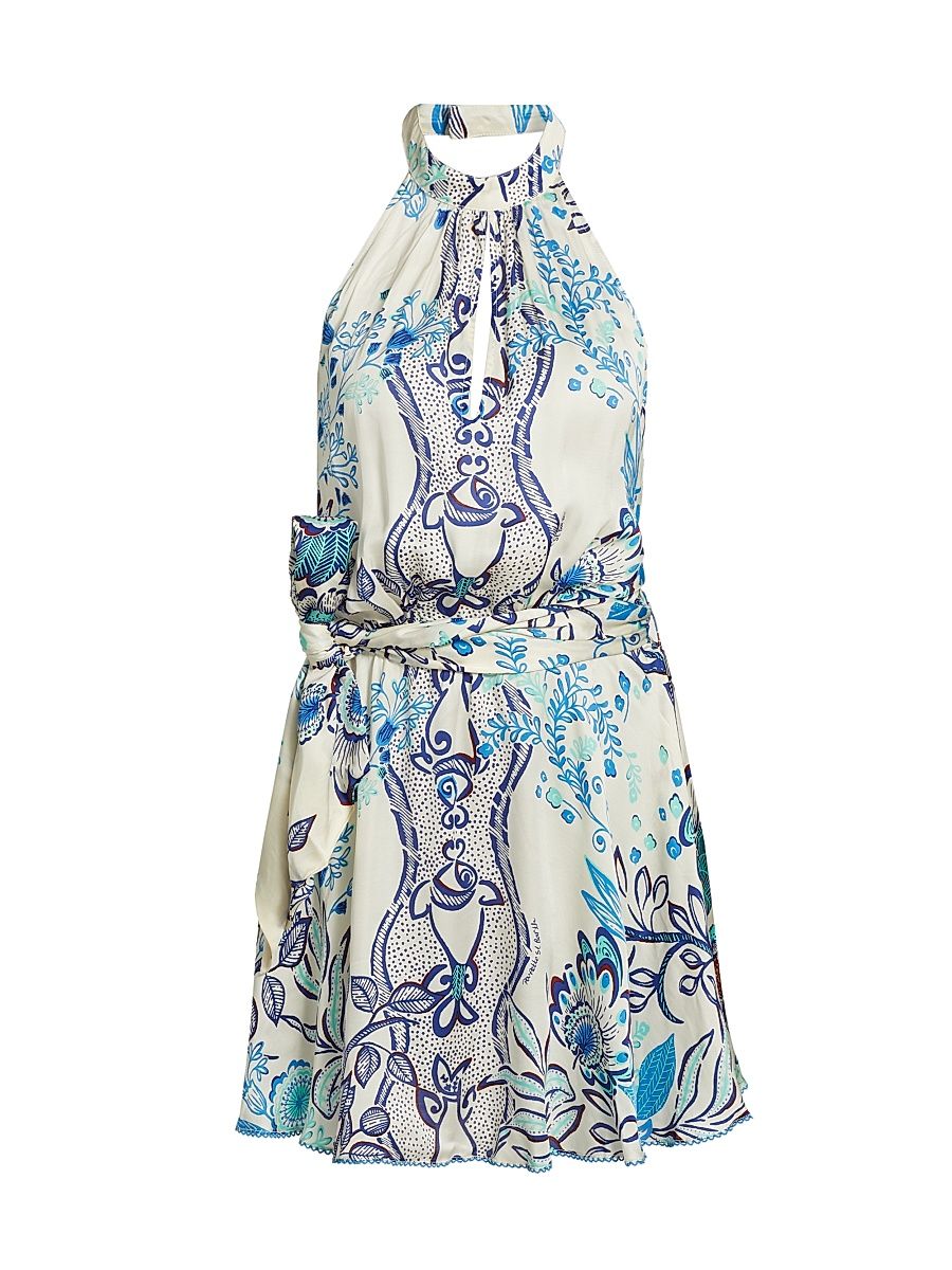 Women's Cassandra Backless Halter Minidress - Blue Geo Fish - Size Medium