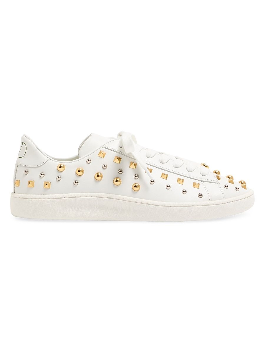 Men's Royco Sneakers in Nappa Calfskin with Stud Detail - White Gold Silver - Size 9