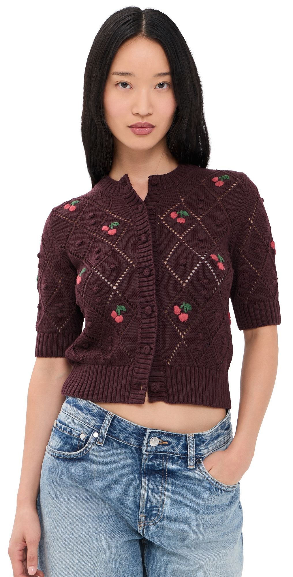 Madewell Embroidered Bauble Pointelle Stitch Cardigan Smoked Claret Cherry M