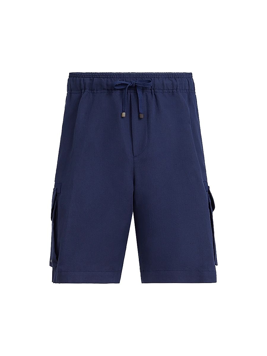 Men's Linen and Cotton Drill Bermuda Shorts with Drawstring and Cargo Pockets - Blue - Size 36