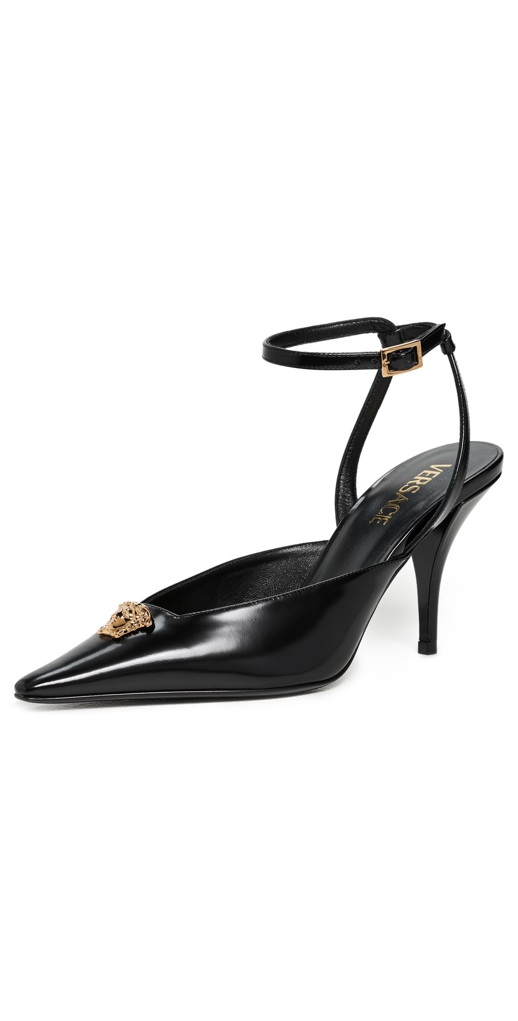 Versace T.85 Calf Leather Sling Back Pumps 1B00V-Black-Versace Gold 38