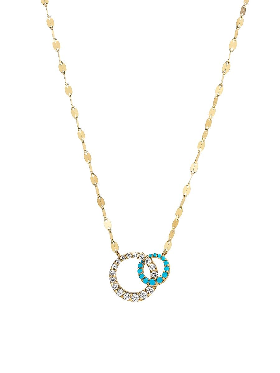 Women's 14K Yellow Gold, 0.39 TCW Diamond & Turquoise Interlocking Hoop Pendant Necklace - Yellow Gold