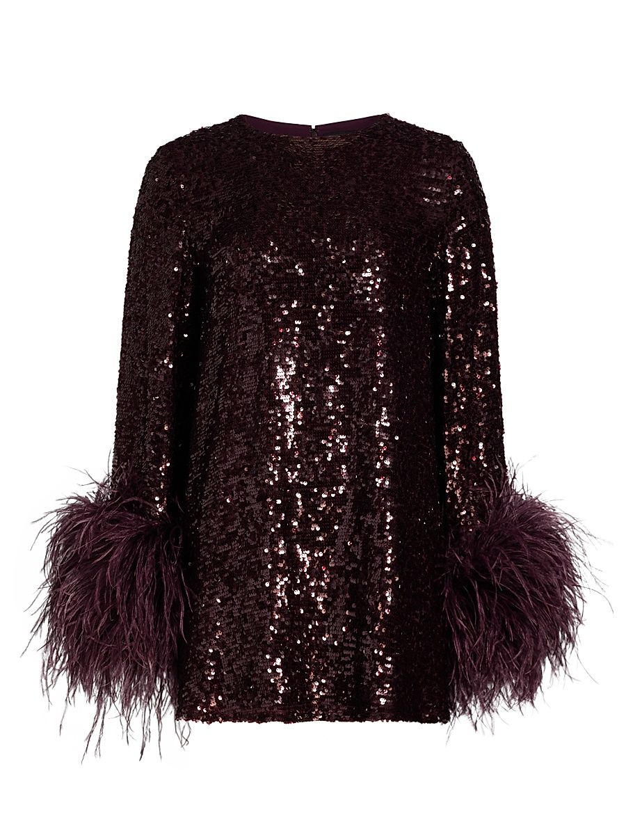Women's Feather Trim Sequin Long-Sleeve Minidress - Mulberry - Size Large