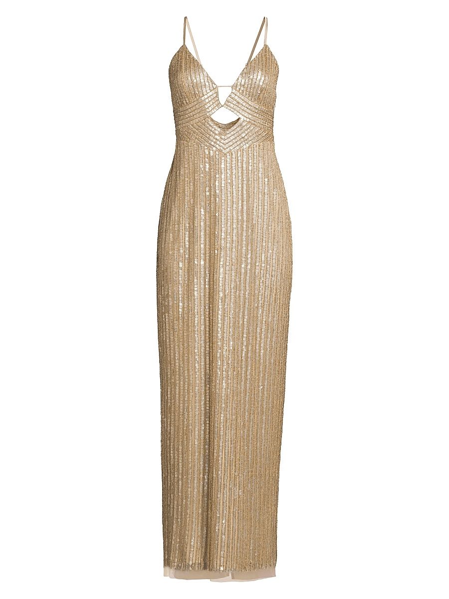 Women's Beaded V-Neck Column Gown - Gold - Size 14