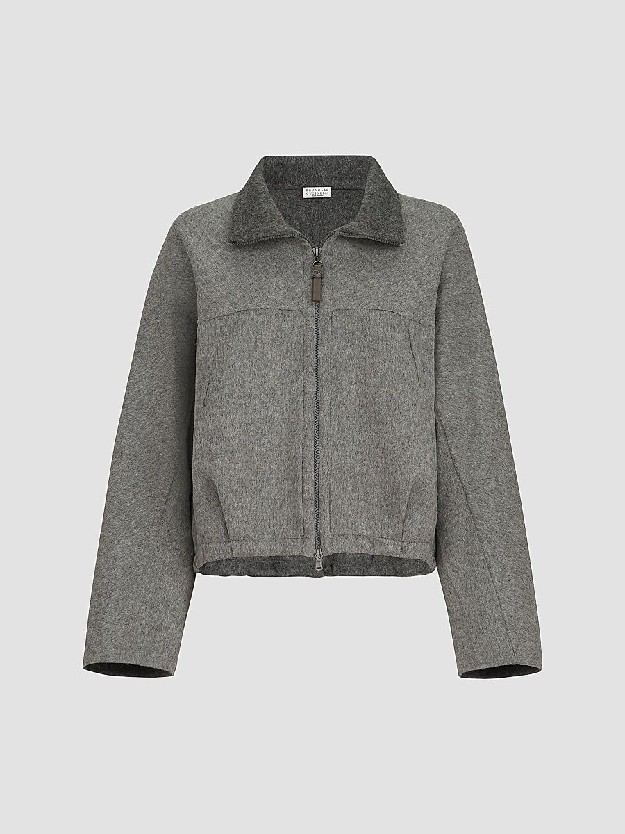 Women's Hand-Crafted Bomber Jacket in Virgin Wool Double Cloth with Shiny Zipper Pull - Dark Grey - Size 6