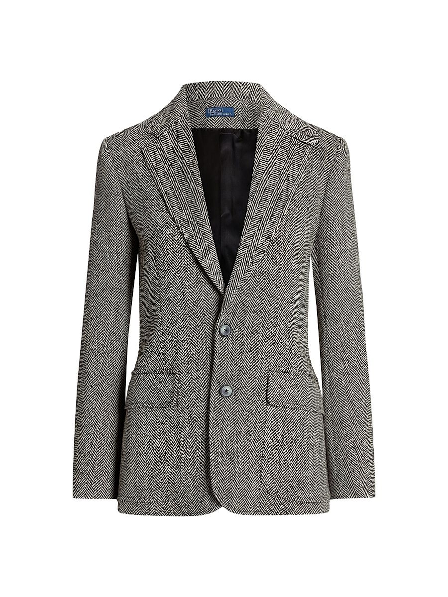 Women's Linen-Blend Herringbone Single-Breasted Blazer - Black Cream Herringbone - Size 2