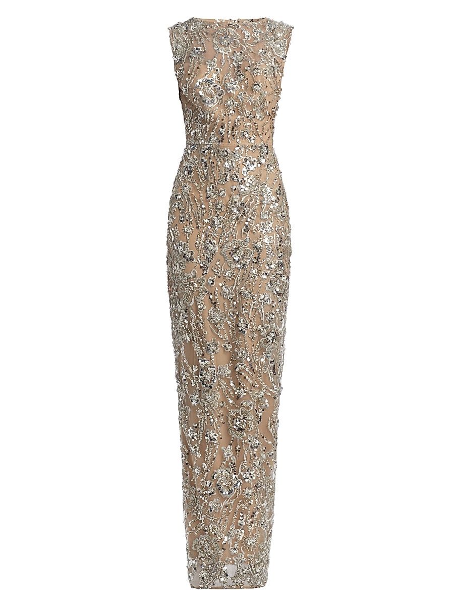 Women's Violet Floral Sequin Gown - Silver - Size Medium