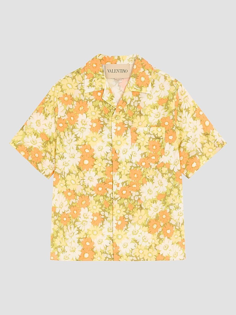 Men's Cotton Bowling Shirt with Papier Floral Print - Size 34