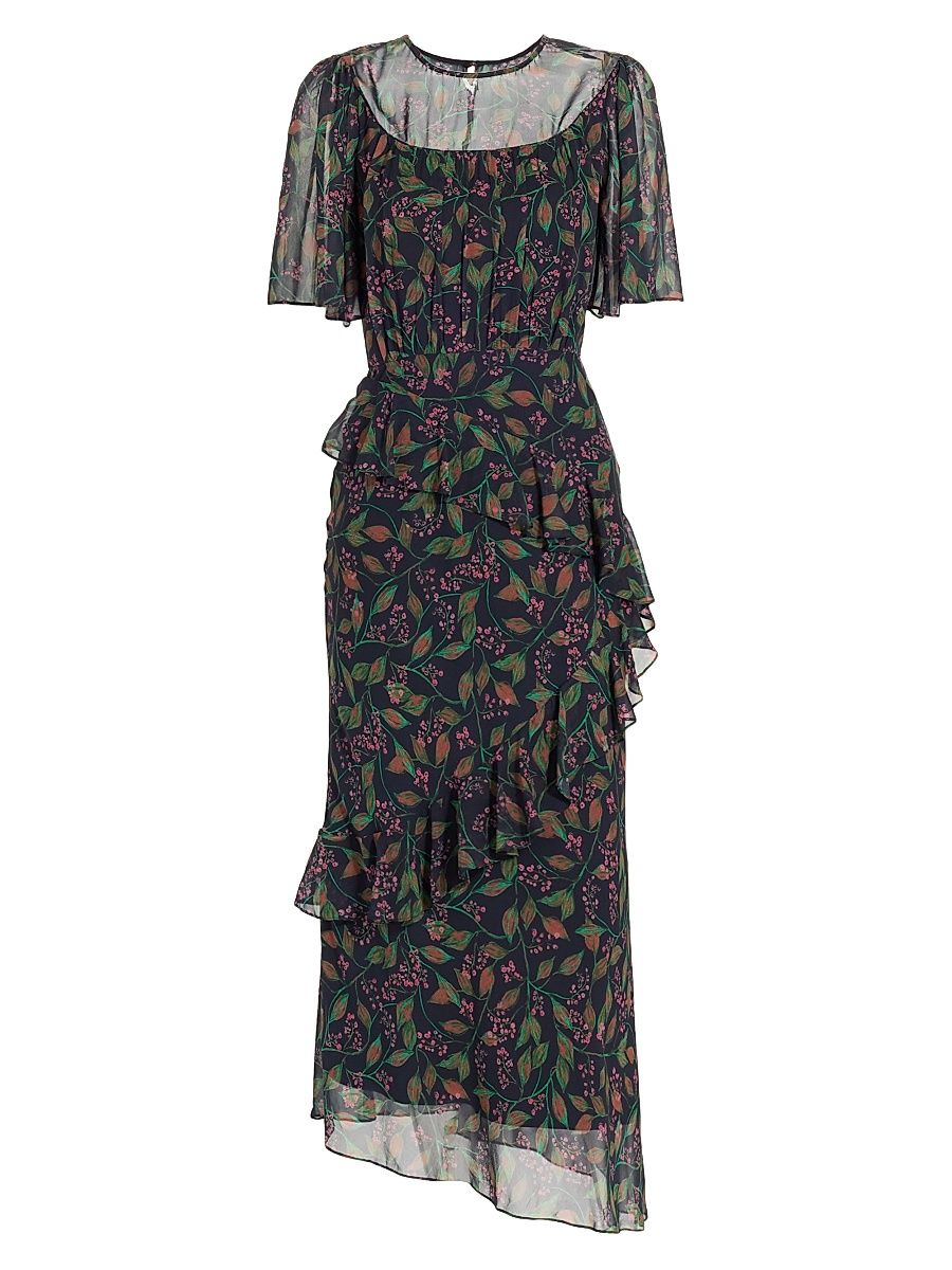 Women's Vida Ruffled Silk Georgette Midi-Dress - Cedar - Size 2