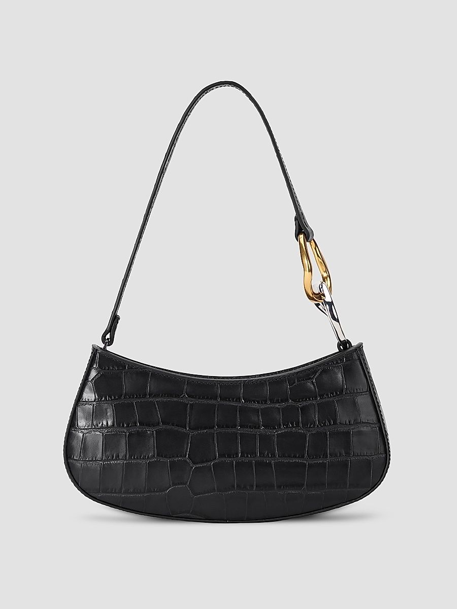 Women's Ollie Croc-Embossed Leather Shoulder Bag - Black Croco