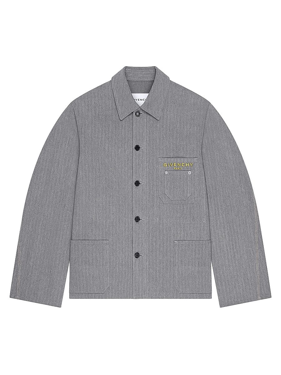 Men's Jacket in Herringbone Denim Embroidered - Grey - Size Large