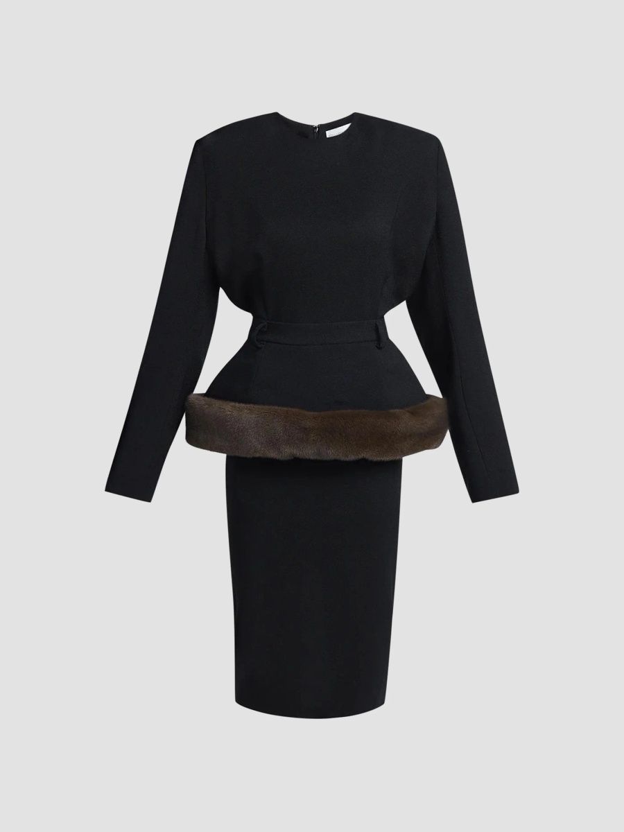 Stella McCartney Women's Faux Fur-Trimmed Peplum Midi Dress - Black - Size 10