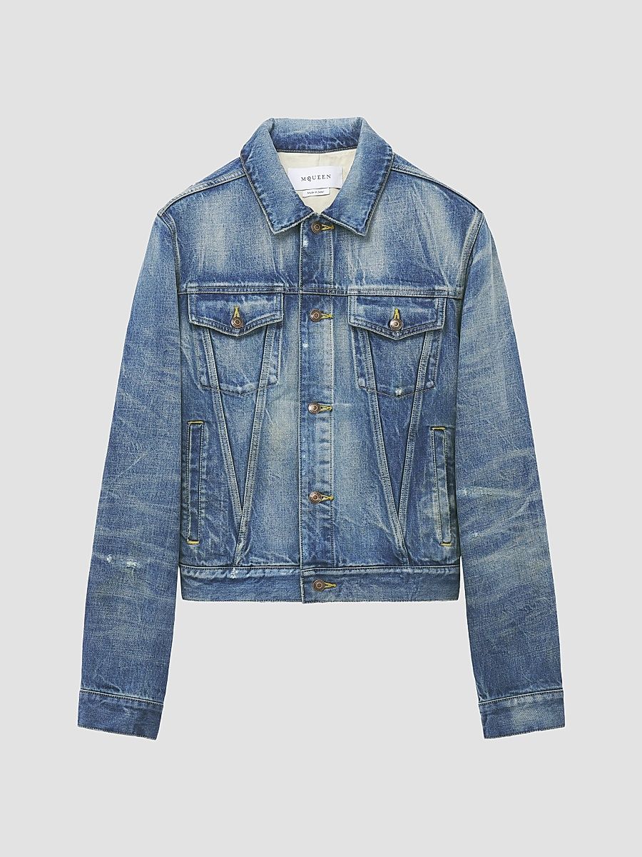 Men's Distressed Cotton Denim Jacket - Blue Washed - Size 44