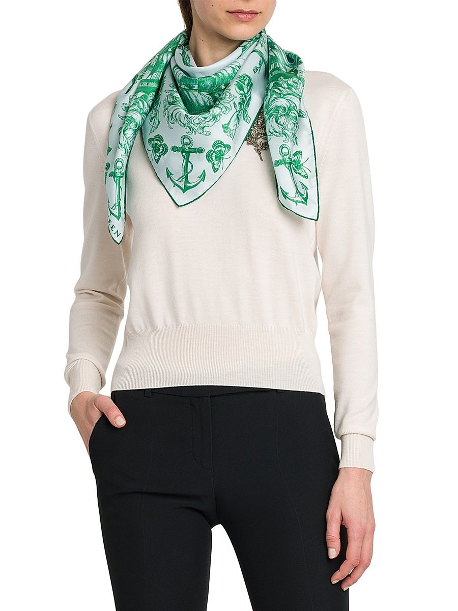 Women's Sailor Tattoo Silk Scarf - Sky Blue Dark Green