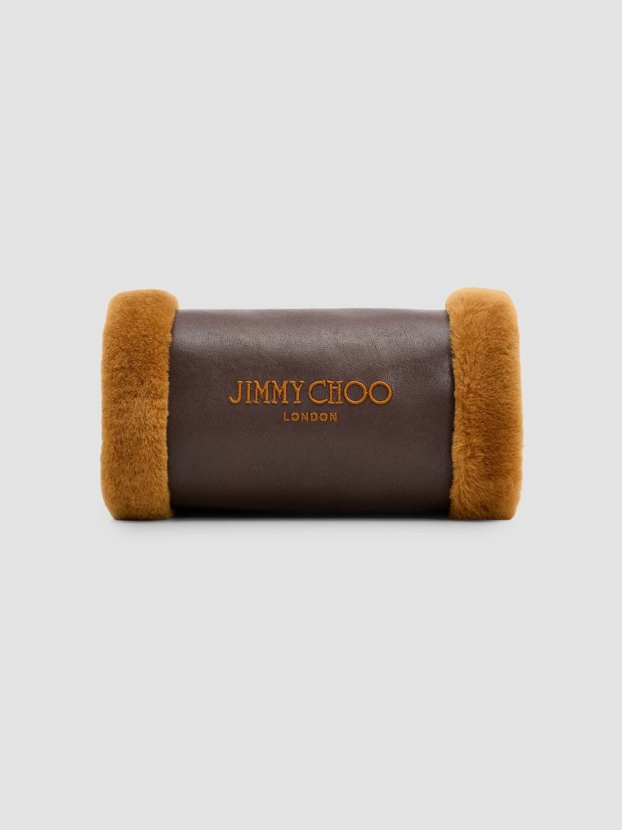 Jimmy Choo Women's Leather Shearling-Trimmed Clutch Muff - Chocolate Teddy Gold