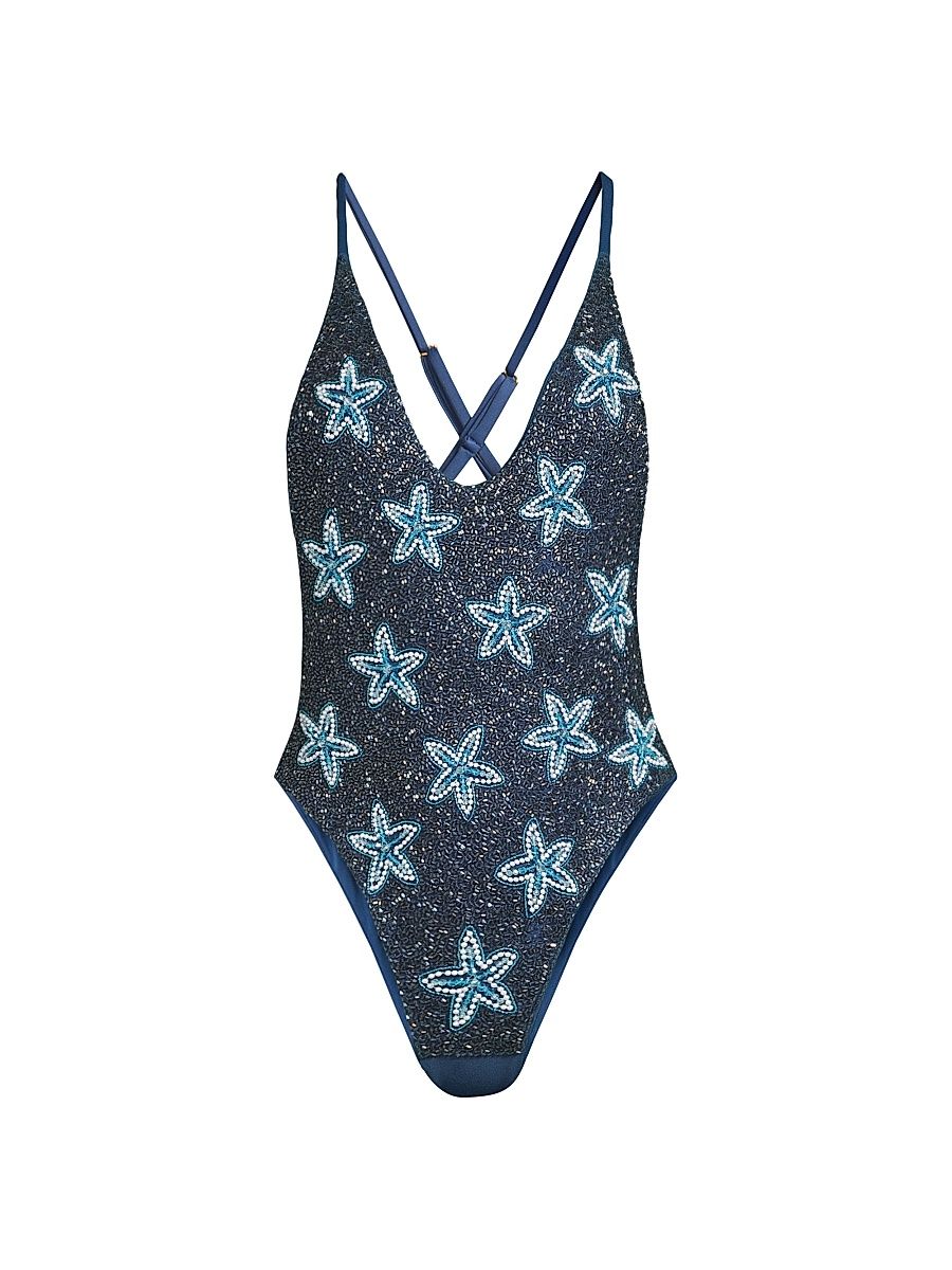 Women's Starfish Embroidered One-Piece Swimsuit - Blue - Size Large