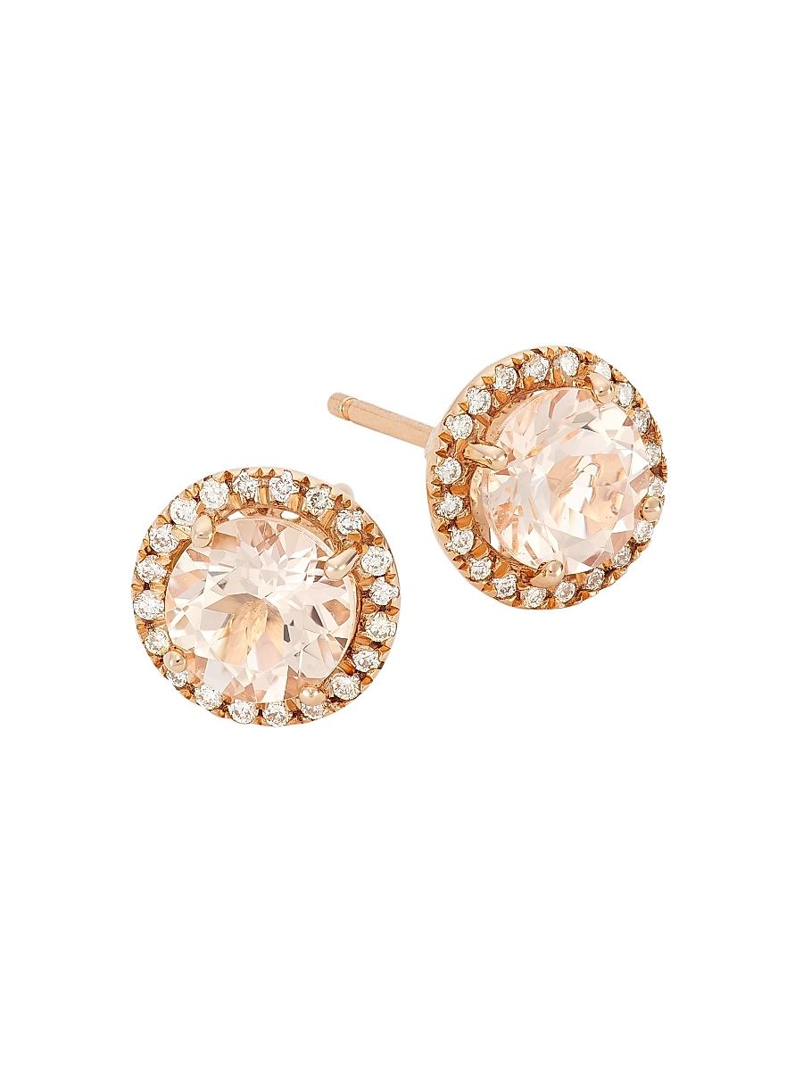 Women's 14K Rose Gold, Morganite, & 0.16 TCW Diamond Halo Stud Earrings - Rose