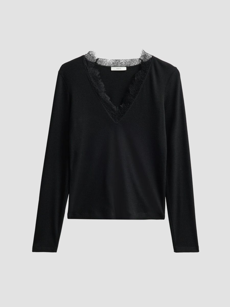 Vince Women's Lace-Trimmed Long-Sleeve Top - Black - Size XXS