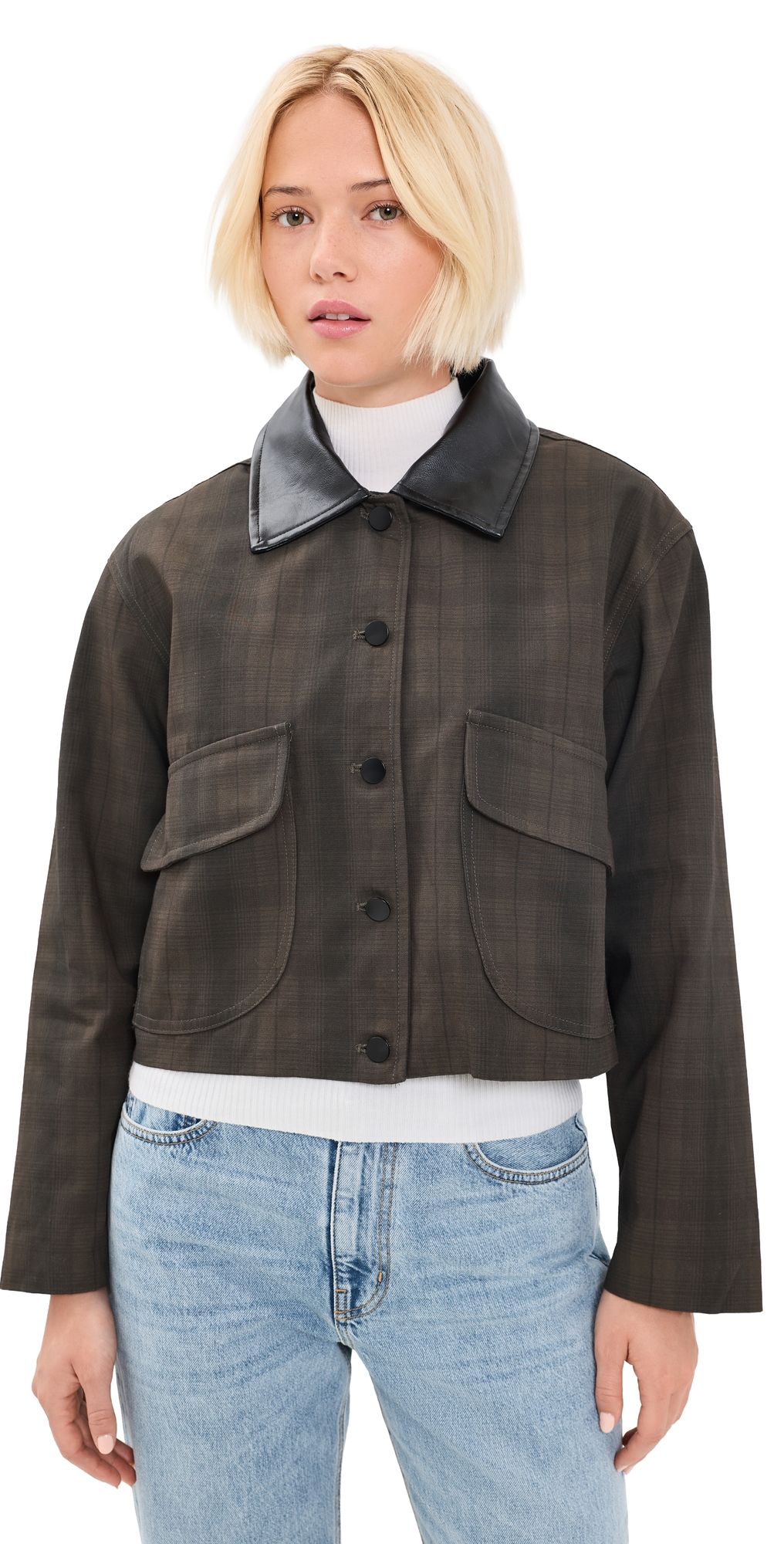 Moon River Contrast Collar Plaid Jacket Dark Olive Multi L
