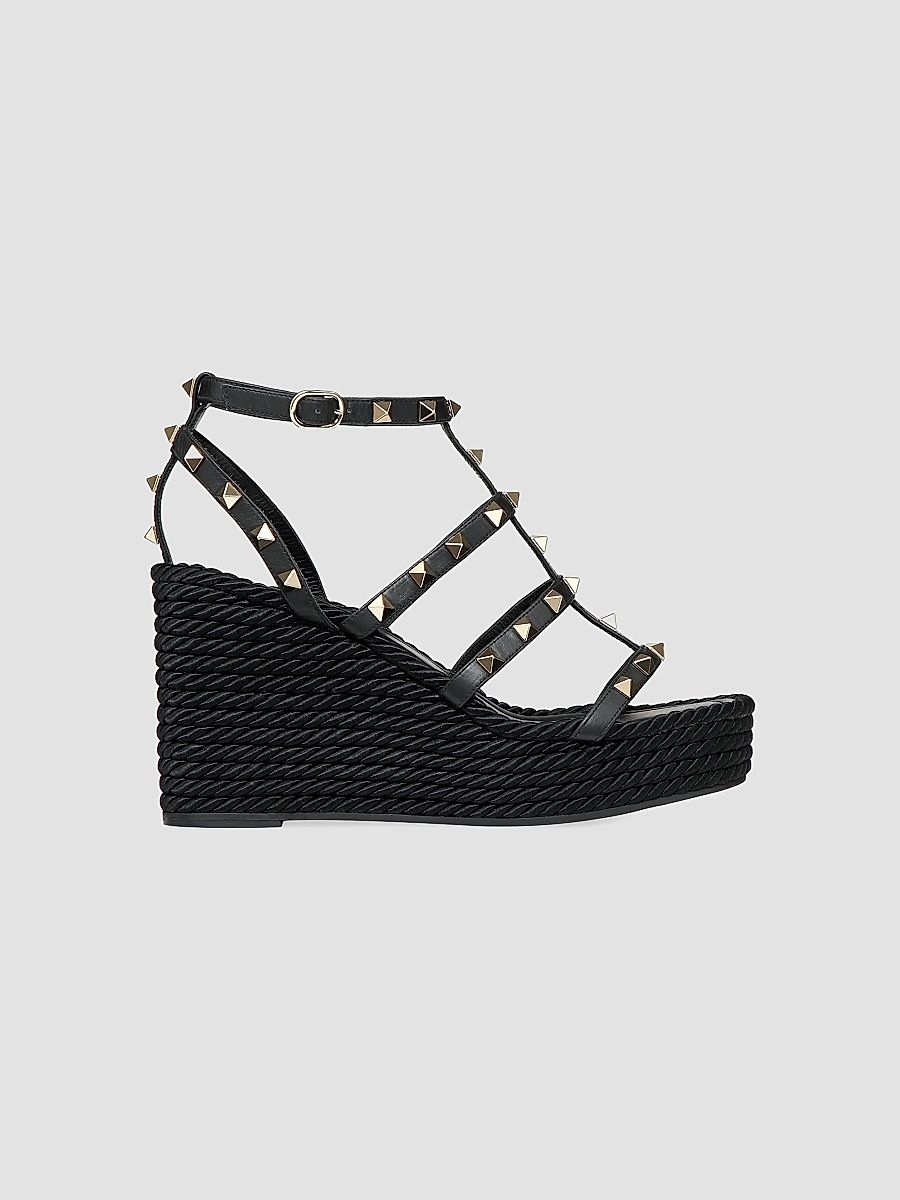 Valentino Women's Rockstud Wedge Sandals With Calfskin Straps 95MM - Black - Size 4