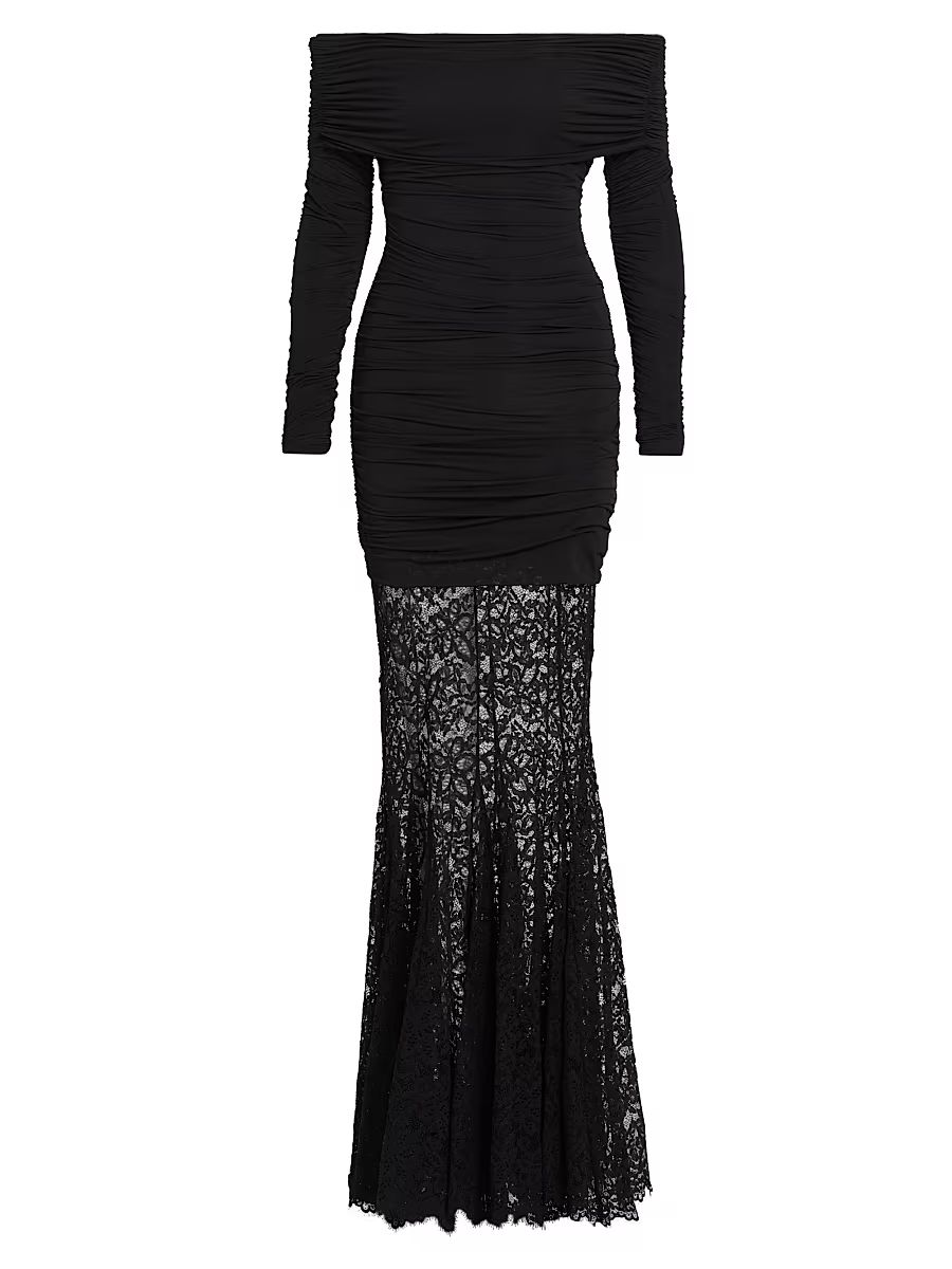 Women's Alora Off-The-Shoulder Mixed Media Maxi Dress - Black Beauty - Size Large